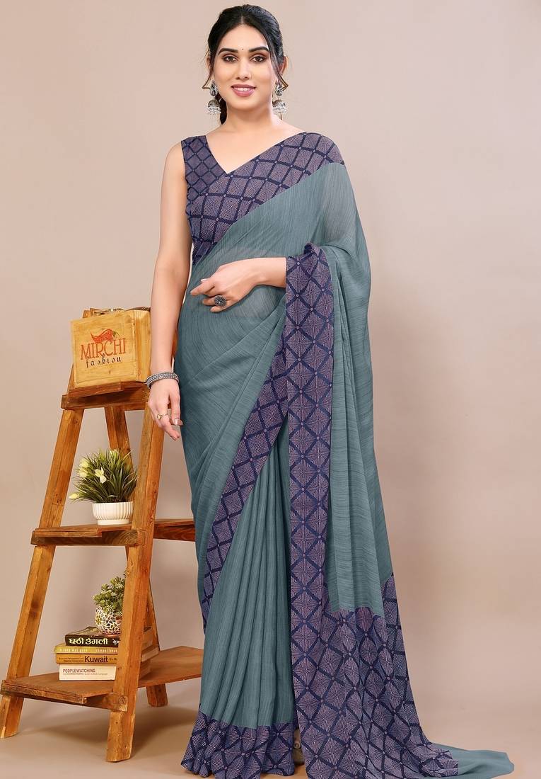 Women's teal solid chiffon ready to wear saree | pre draped party wear saree