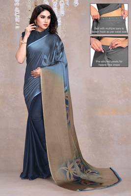 Women's blue floral print black chiffon ready to wear saree | pre draped party wear saree 2