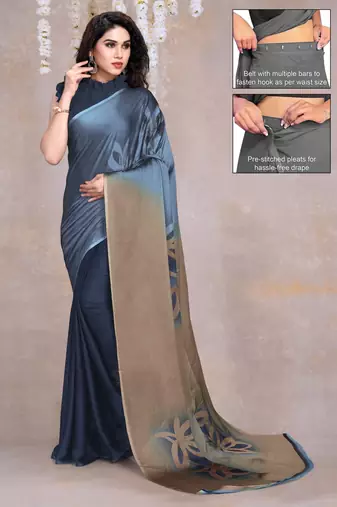 Women's blue floral print black chiffon ready to wear saree | pre draped party wear saree