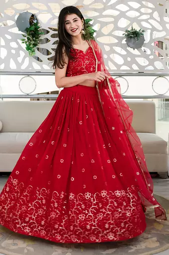 Red Faux Georgette Mirror Work Readymade Lehenga Choli