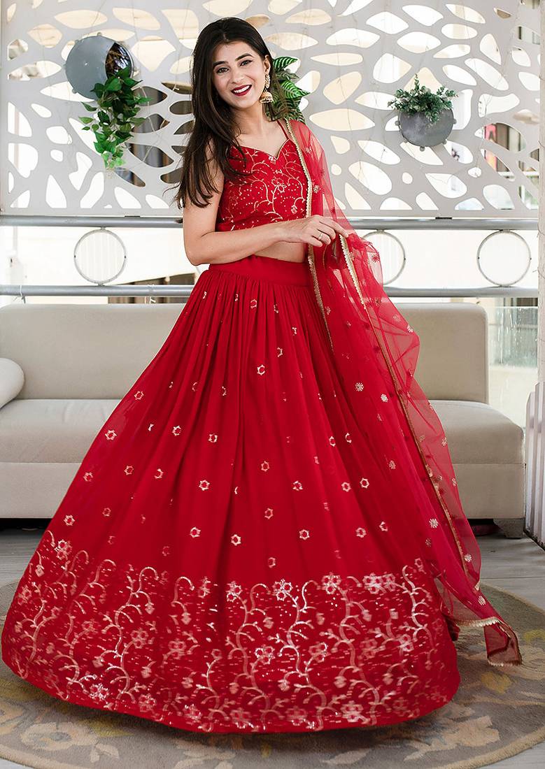 Red Faux Georgette Mirror Work Readymade Lehenga Choli