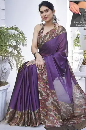 Women's purple floral print chiffon ready to wear saree | pre draped party wear saree