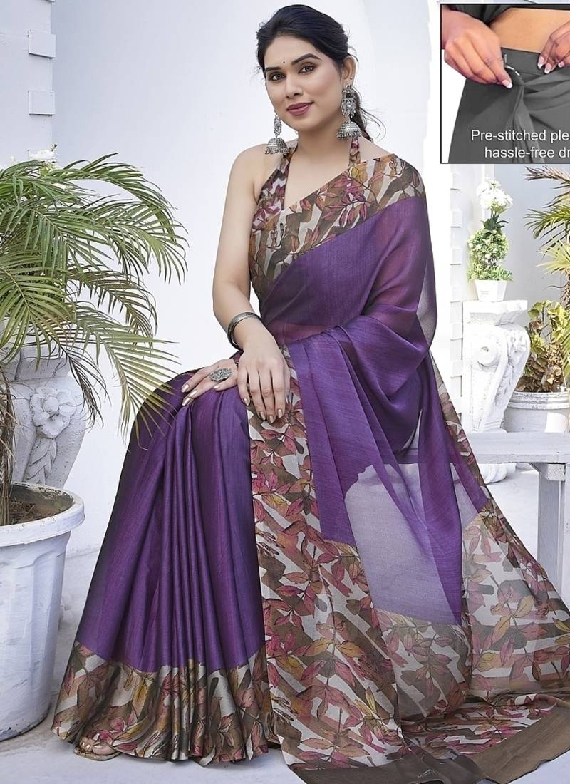Women's purple floral print chiffon ready to wear saree | pre draped party wear saree