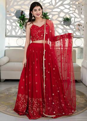 Red Faux Georgette Mirror Work Readymade Lehenga Choli 2