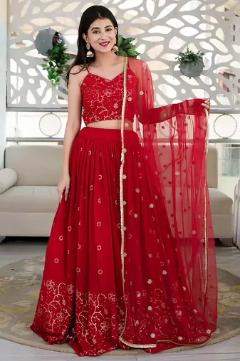 Red Faux Georgette Mirror Work Readymade Lehenga Choli