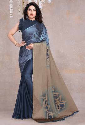 Women's blue floral print black chiffon ready to wear saree | pre draped party wear saree 1