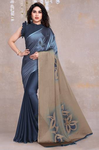 Women's blue floral print black chiffon ready to wear saree | pre draped party wear saree