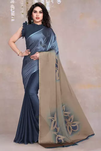 Women's blue floral print black chiffon ready to wear saree | pre draped party wear saree