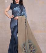 Women's blue floral print black chiffon ready to wear saree | pre draped party wear saree