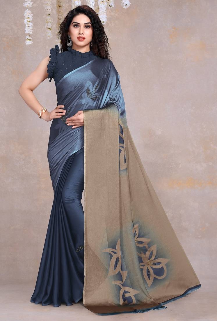 Women's blue floral print black chiffon ready to wear saree | pre draped party wear saree