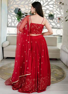Red Faux Georgette Mirror Work Readymade Lehenga Choli 3