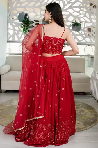 Red Faux Georgette Mirror Work Readymade Lehenga Choli
