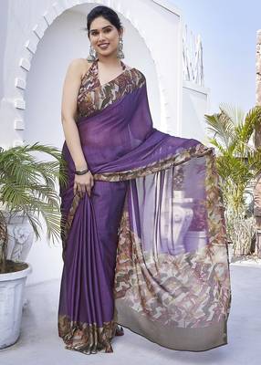 Women's purple floral print chiffon ready to wear saree | pre draped party wear saree 2