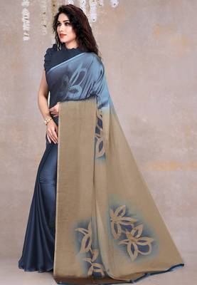 Women's blue floral print black chiffon ready to wear saree | pre draped party wear saree 3