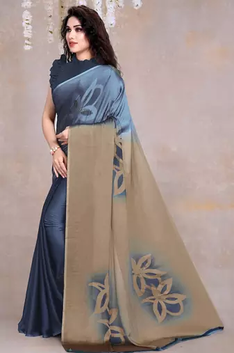 Women's blue floral print black chiffon ready to wear saree | pre draped party wear saree