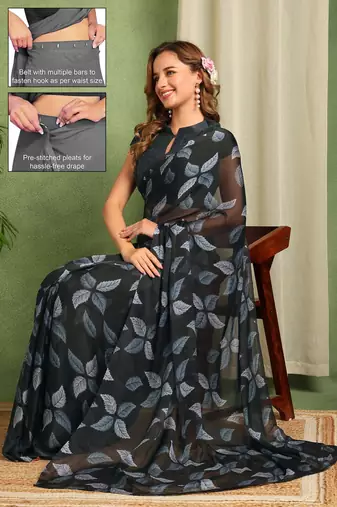 Women's black floral print chiffon ready to wear saree | pre draped party wear saree