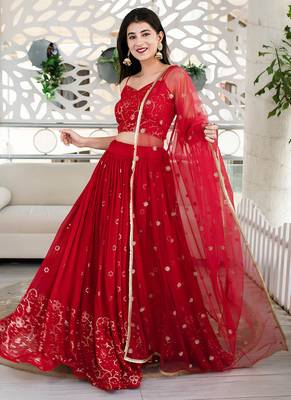 Red Faux Georgette Mirror Work Readymade Lehenga Choli 4