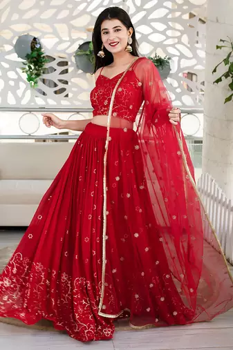 Red Faux Georgette Mirror Work Readymade Lehenga Choli