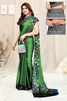 Women's green solid / kalmkari  chiffon ready to wear saree | pre draped party wear saree 2