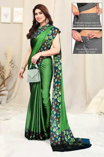 Women's green solid / kalmkari  chiffon ready to wear saree | pre draped party wear saree