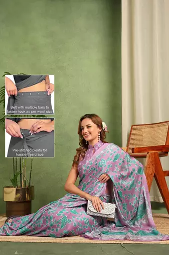 Women's lavender floral print chiffon ready to wear saree | pre draped party wear saree