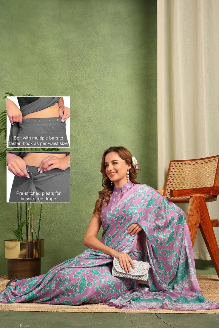 Women's lavender floral print chiffon ready to wear saree | pre draped party wear saree