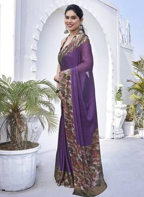 Women's purple floral print chiffon ready to wear saree | pre draped party wear saree 3
