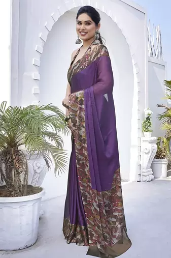 Women's purple floral print chiffon ready to wear saree | pre draped party wear saree