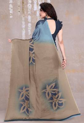 Women's blue floral print black chiffon ready to wear saree | pre draped party wear saree 4
