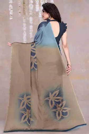Women's blue floral print black chiffon ready to wear saree | pre draped party wear saree