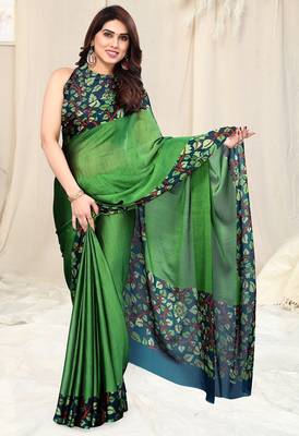 Women's green solid / kalmkari  chiffon ready to wear saree | pre draped party wear saree 1