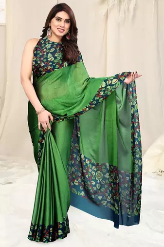 Women's green solid / kalmkari  chiffon ready to wear saree | pre draped party wear saree