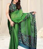 Women's green solid / kalmkari  chiffon ready to wear saree | pre draped party wear saree