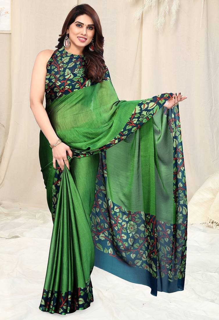 Women's green solid / kalmkari  chiffon ready to wear saree | pre draped party wear saree