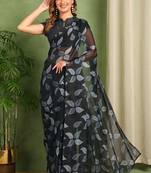 Women's black floral print chiffon ready to wear saree | pre draped party wear saree
