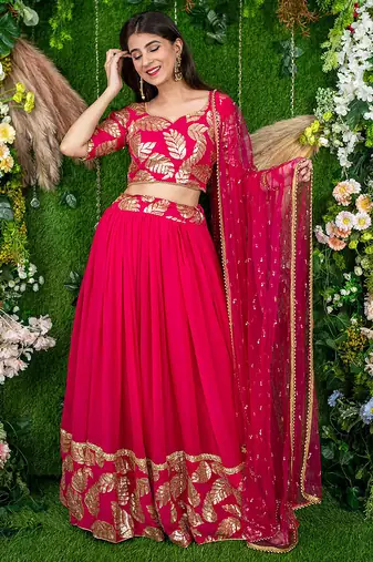 Rani Pink Faux Georgette Mirror Work Readymade Lehenga Choli