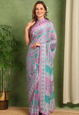 Women's lavender floral print chiffon ready to wear saree | pre draped party wear saree 1