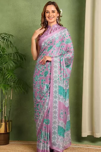 Women's lavender floral print chiffon ready to wear saree | pre draped party wear saree
