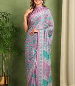 Women's lavender floral print chiffon ready to wear saree | pre draped party wear saree