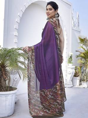 Women's purple floral print chiffon ready to wear saree | pre draped party wear saree 4