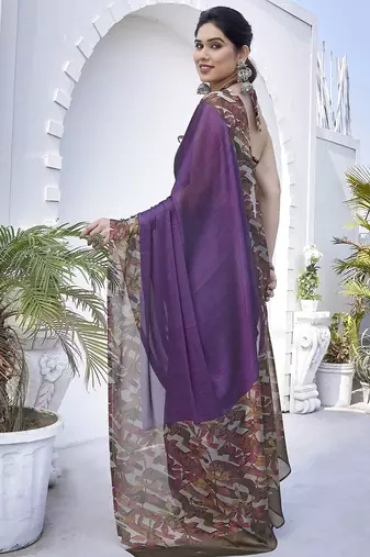 Women's purple floral print chiffon ready to wear saree | pre draped party wear saree
