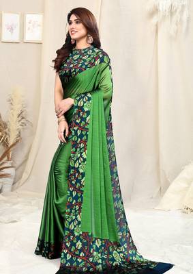 Women's green solid / kalmkari  chiffon ready to wear saree | pre draped party wear saree 3