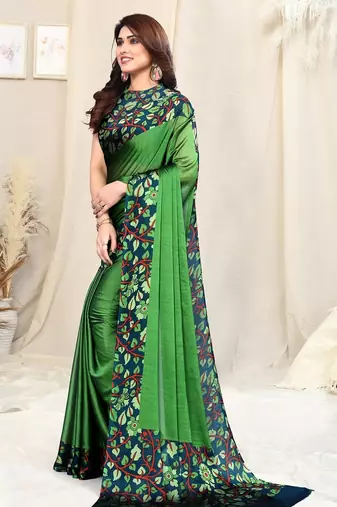Women's green solid / kalmkari  chiffon ready to wear saree | pre draped party wear saree