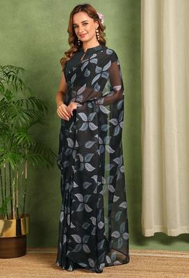 Women's black floral print chiffon ready to wear saree | pre draped party wear saree 3