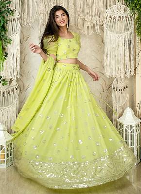 Lime Green Faux Georgette Mirror Work Readymade Lehenga Choli 1