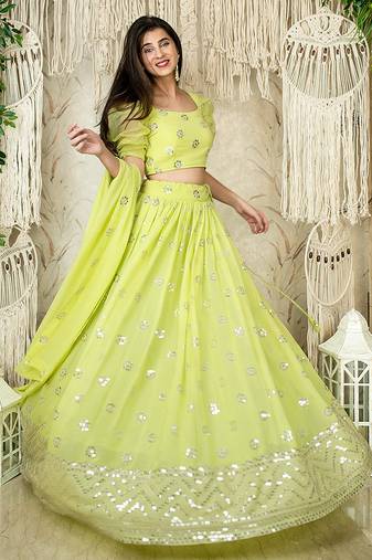 Lime Green Faux Georgette Mirror Work Readymade Lehenga Choli