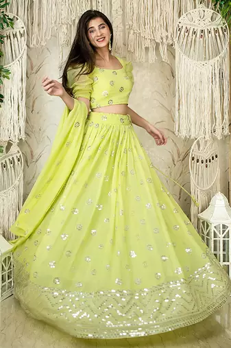 Lime Green Faux Georgette Mirror Work Readymade Lehenga Choli