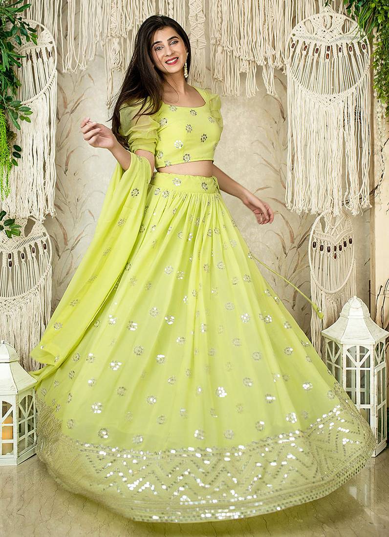 Lime Green Faux Georgette Mirror Work Readymade Lehenga Choli