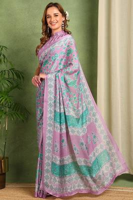 Women's lavender floral print chiffon ready to wear saree | pre draped party wear saree 3