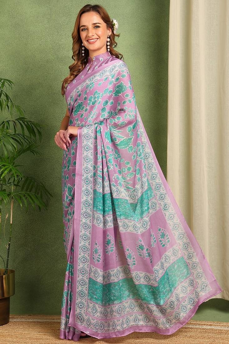 Women's lavender floral print chiffon ready to wear saree | pre draped party wear saree
